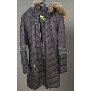 Women's Puffer Coat Sam Edelman  Tweed Trim Sleeves Zipper Cuffs Gold Zipper XL